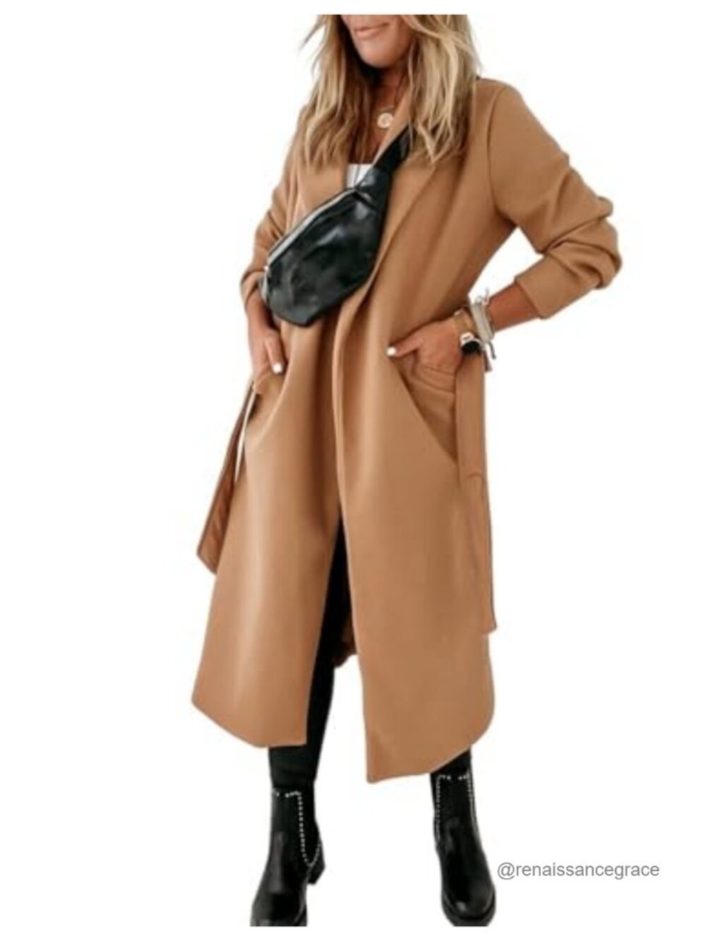 Womens Pea Coat Open Front Tie Belt Long Sleeve Wool Blend Outerwear - Picture 3 of 6
